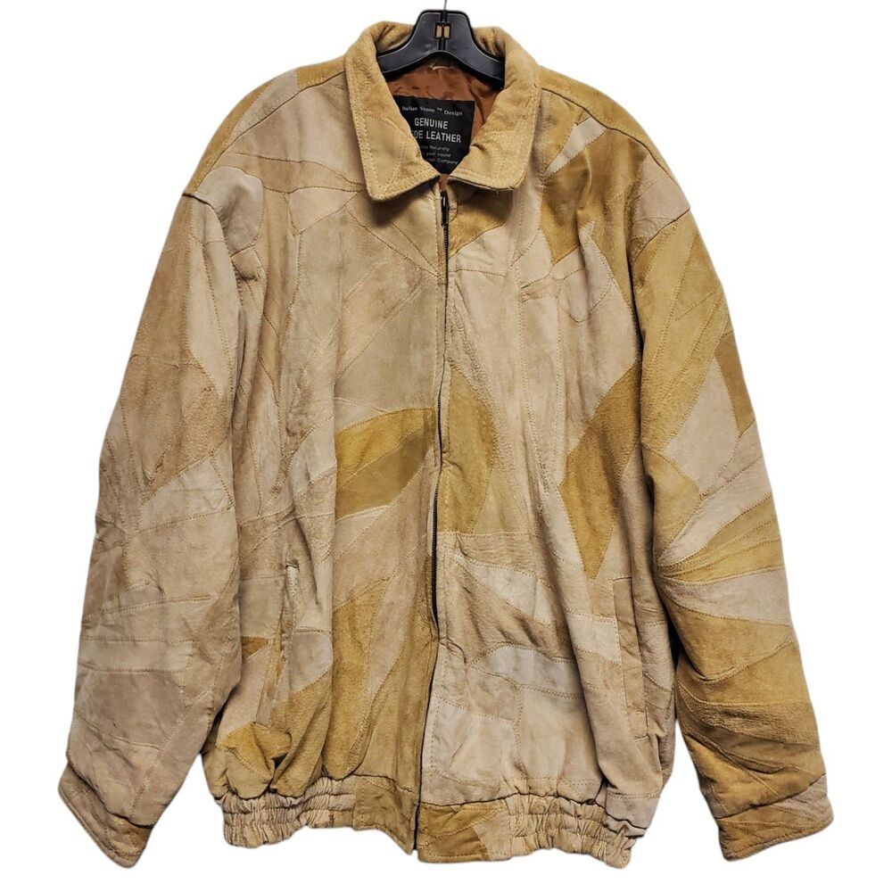 Vintage ITALIAN STONE DESIGN Jacket Mens 3XL Beige Suede Bomber Patchwork 90s